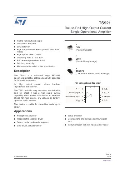 STMicroelectronics TS921 Operational Amplifier Datasheet - cover page