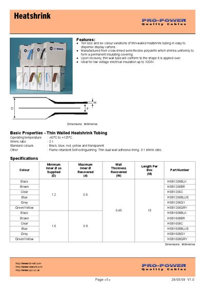 Pro-Power Heatshrink Tubing Datasheet - cover page