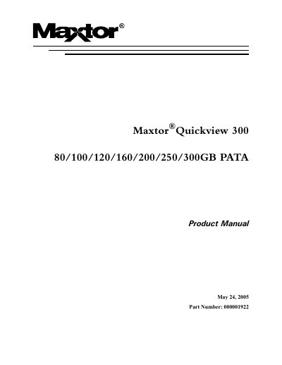 Maxtor®Quickview 300 80/100/120/160/200/250/300GB PATA Product Manual - cover page