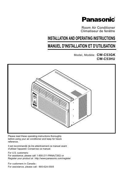 Panasonic CW-C53GK/CW-C53HU Room Air Conditioner Installation and Operating Instructions - cover page