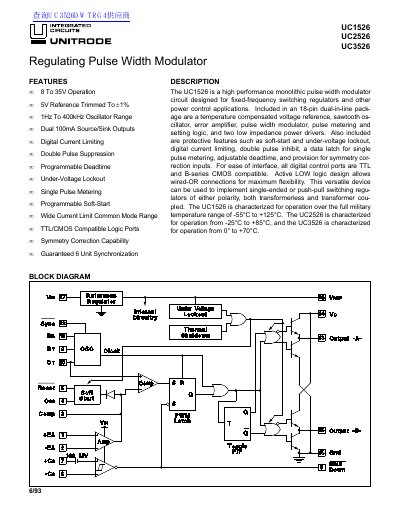 Texas Instruments UC1526/UC2526/UC3526 Regulating Pulse Width Modulator Datasheet