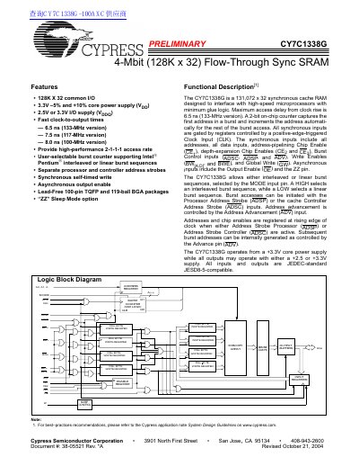 Cypress CY7C1338G 4-Mbit Synchronous SRAM Datasheet - cover page