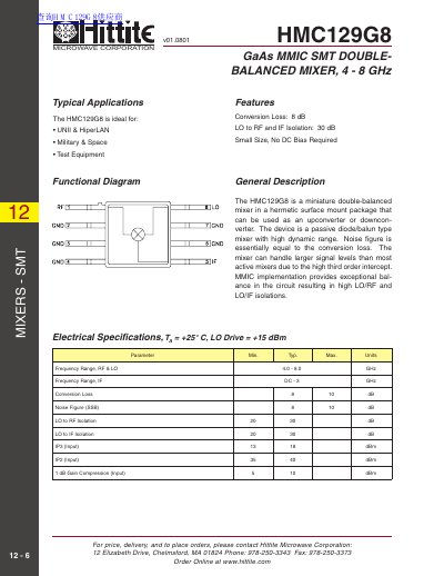 HMC129G8 GaAs MMIC SMT Double-Balanced Mixer Datasheet