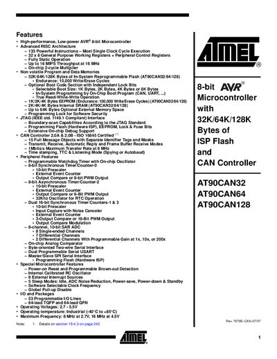 ATMEL -8-bit Microcontroller with 32K/64K/128K Bytes of ISP Flash CAN Controller AT90CAN32 AT90CAN64 AT90CAN128 handbook