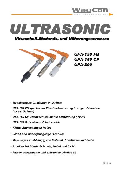 Waycon UFA150 FB / UFA150 CP / UFA200 Ultrasonic Distance and Proximity Sensors User Manual - cover page