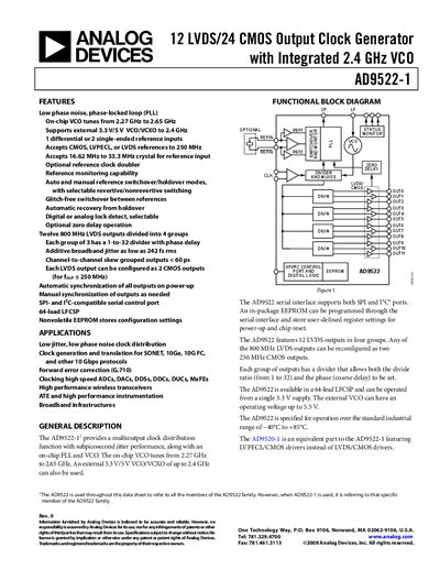 Analog Devices AD9522-1 Clock Generator Datasheet - cover page