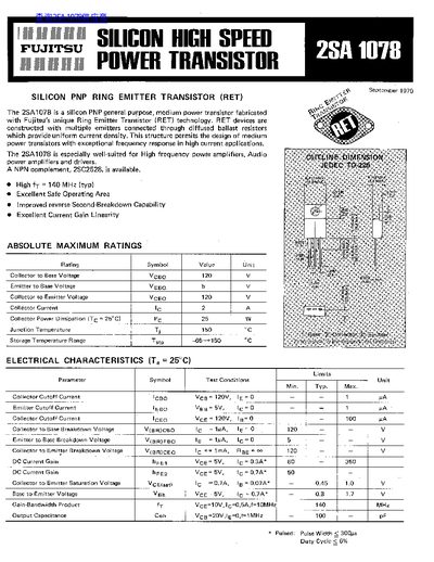 Fujitsu 2SA1078 PNP Transistor Datasheet - cover page