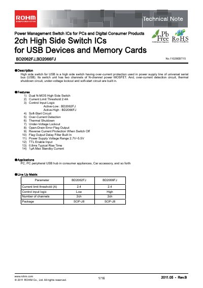 ROHM BD2062FJ and BD2066FJ High Side Switch IC Datasheet - cover page