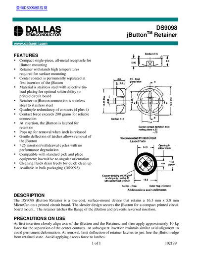 Dallas Semiconductor DS9098 iButton Retainer Datasheet - cover page