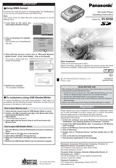 Panasonic SV-SD50 SD Audio Player Operating Instructions - cover page