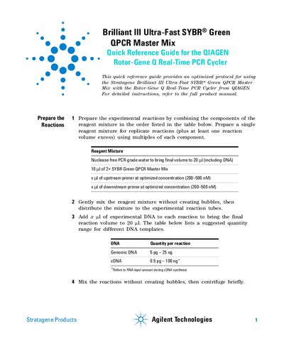 Stratagene Brilliant III Ultra-Fast SYBR Green QPCR Master Mix Quick Reference Guide - cover page