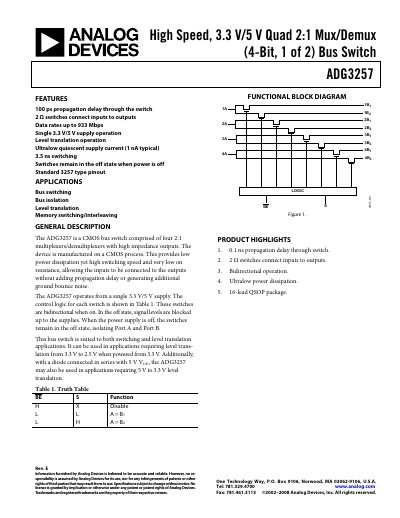 Analog Devices ADG3257 Datasheet - cover page