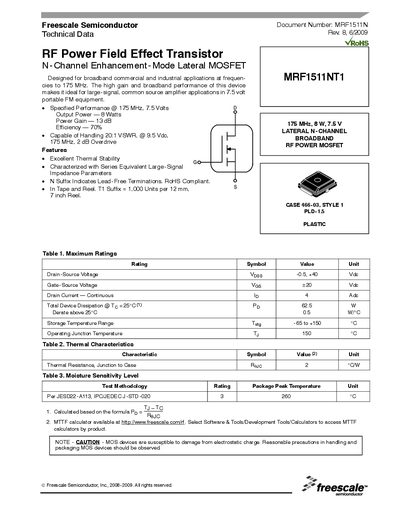 Freescale MRF1511NT1 RF Power MOSFET Datasheet - cover page