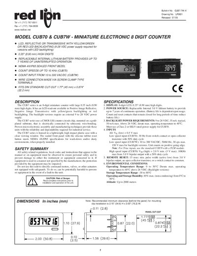 Red Lion Controls CUB70 / CUB7W Miniature Electronic 8-Digit Counter Manual - cover page