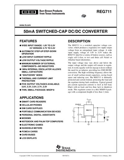 Texas Instruments REG711 50mA Switched-Cap DC/DC Converter Datasheet - cover page