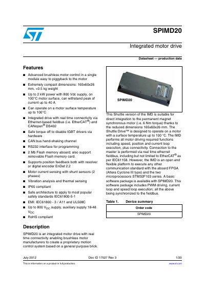 STMicroelectronics SPIMD20 Integrated Motor Drive Datasheet