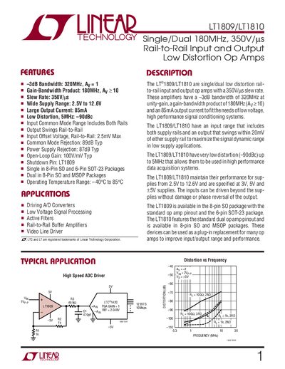 Linear Technology LT1809/LT1810 Op Amp Datasheet - cover page