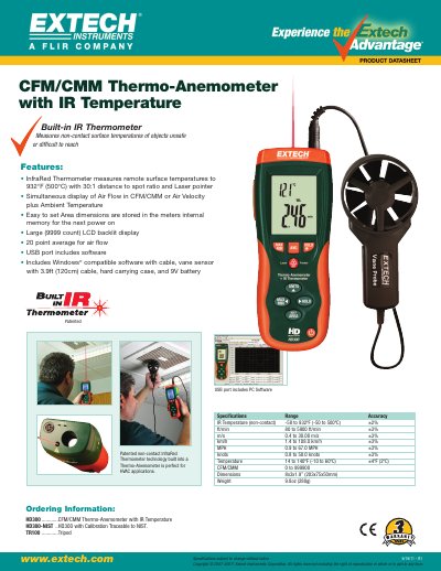 EXTECH HD300 CFM/CMM Thermo-Anemometer with IR Temperature Product Datasheet - cover page