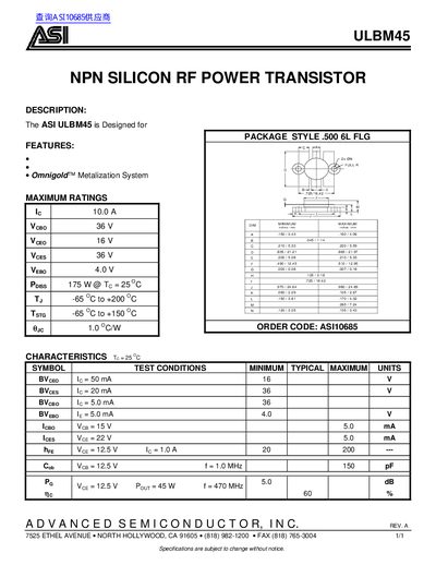 ASI ULBM45 NPN Silicon RF Power Transistor Datasheet - cover page