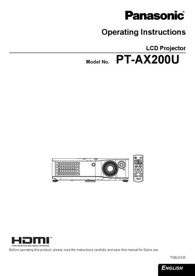 Panasonic PT-AX200U LCD Projector Operating Instructions