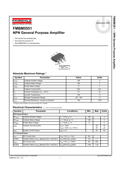Fairchild Semiconductor FMBM5551 NPN General Purpose Amplifier Datasheet - cover page