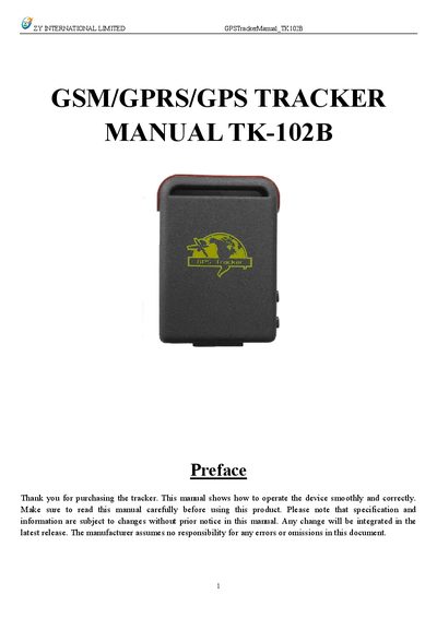 ZY International TK-102B GPS Tracker User Manual - cover page