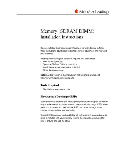 Apple iMac Slot Loading Memory Installation Instructions - cover page