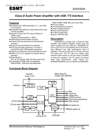 ESMT AD62550A Class-D Audio Power Amplifier Datasheet - cover page