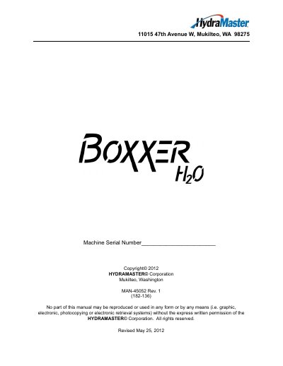 HydraMaster Boxxer H2O Water Extraction Machine Owner's Manual - cover page