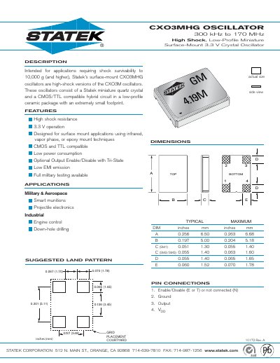 Statek CXO3MHG Oscillator Datasheet - cover page