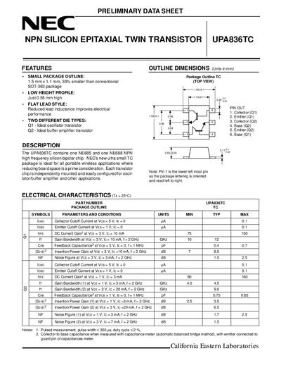 NEC UPA836TC NPN Silicon Epitaxial Twin Transistor Datasheet - cover page