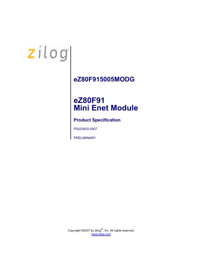 Zilog eZ80F915005MODG Mini Enet Module Product Specification - cover page