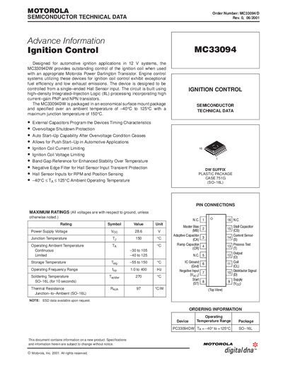 Motorola MC33094DW Ignition Control Device Data Sheet - cover page