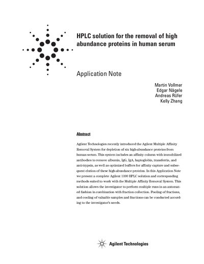 Agilent 1100 Series HPLC Solution for High Abundance Protein Depletion Application Note - cover page