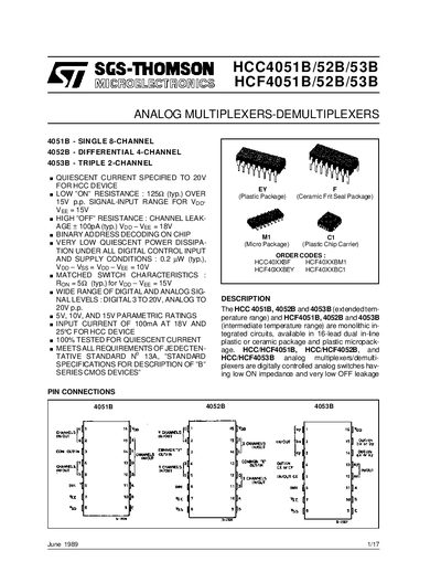 SGS-THOMSON HCC4 0 5 1B /5 2B/5 3B HC F4 0 51 B/5 2B/53 B ANALOG MULTIPLEXERS-DEMULTIPLEXERS handbook  - cover page