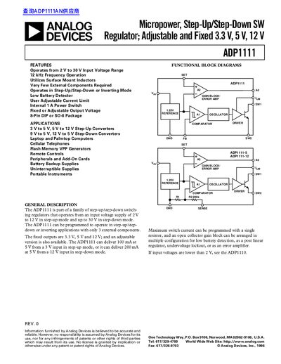 Analog Devices ADP1111 Micropower Step-Up/Step-Down SW Regulator Datasheet