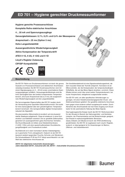Baumer ED 701 Pressure Transmitter Technical Data Sheet - cover page