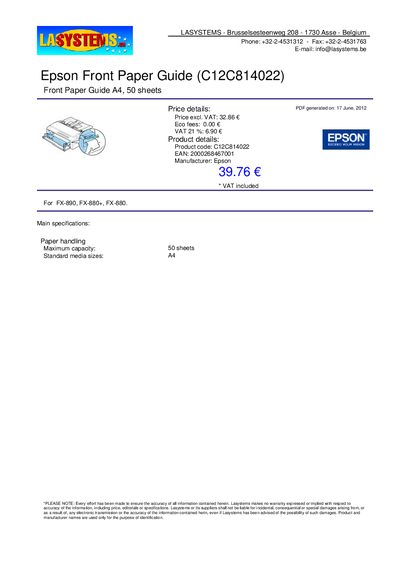 Epson Front Paper Guide (C12C814022) Manual - cover page
