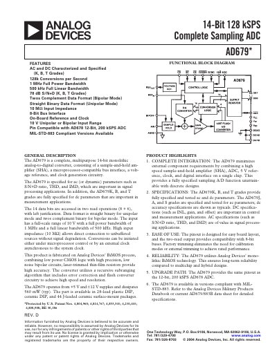 Analog Devices AD679 14‑Bit 128 kSPS Complete Sampling ADC Handbook - cover page