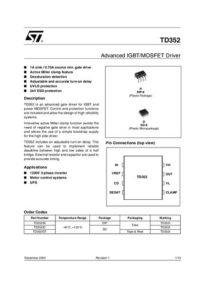 STMicroelectronics TD352 Advanced IGBT/MOSFET Driver Handbook - cover page