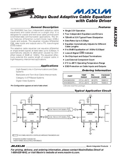Maxim MAX3802 3.2Gbps Quad Adaptive Cable Equalizer with Cable Driver Datasheet - cover page