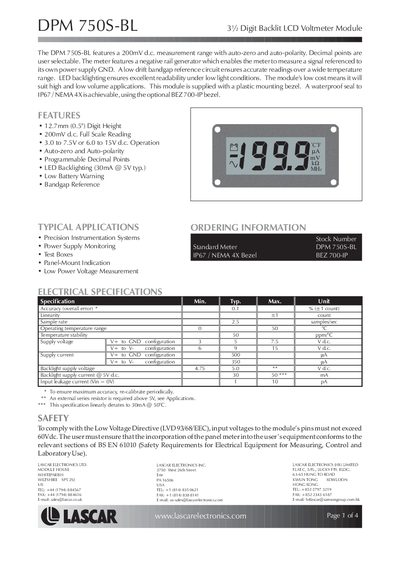 Lascar DPM 750S-BL 3½ Digit Backlit LCD Voltmeter Module Service Manual - cover page