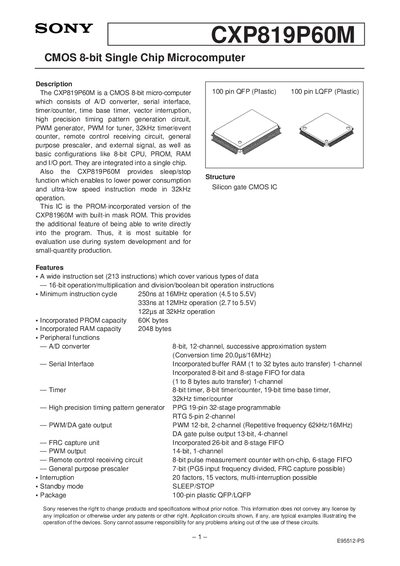 Sony CXP819P60M CMOS 8-bit Single Chip Microcomputer Datasheet - cover page