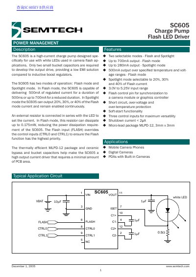 Semtech SC605 Charge Pump Flash LED Driver Datasheet
