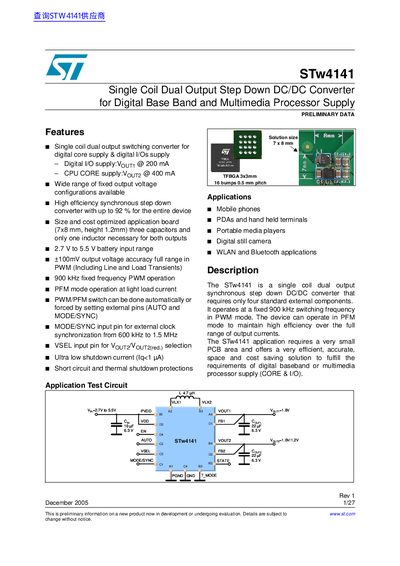 STMicroelectronics STw4141 Single Coil Dual Output Step Down DC/DC Converter Datasheet - cover page