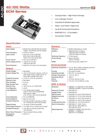 XP Power ECM Series 40-100W Power Supply Datasheet - cover page