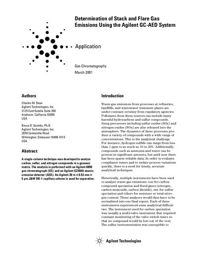 Agilent 6890/G2350A Stack Flare Gas Emissions Analysis Application Note - cover page