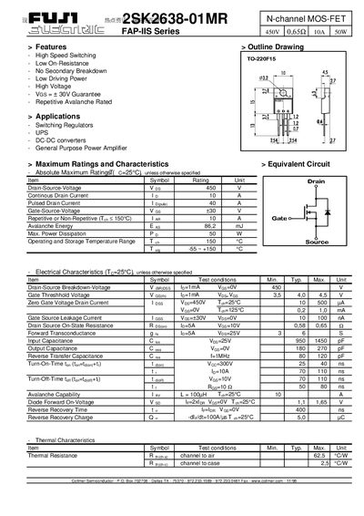 Collmer Semiconductor 2SK2638-01MR N-channel MOSFET Datasheet - cover page