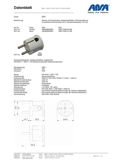 APSA 2047 Plug Datasheet - cover page