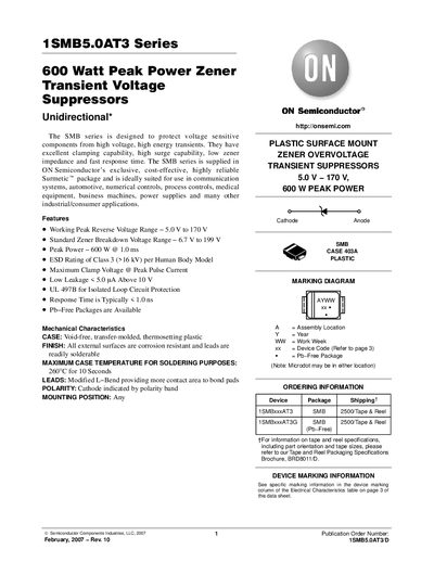 ON Semiconductor 1SMB5.0AT3 Series Transient Voltage Suppressors Datasheet - cover page